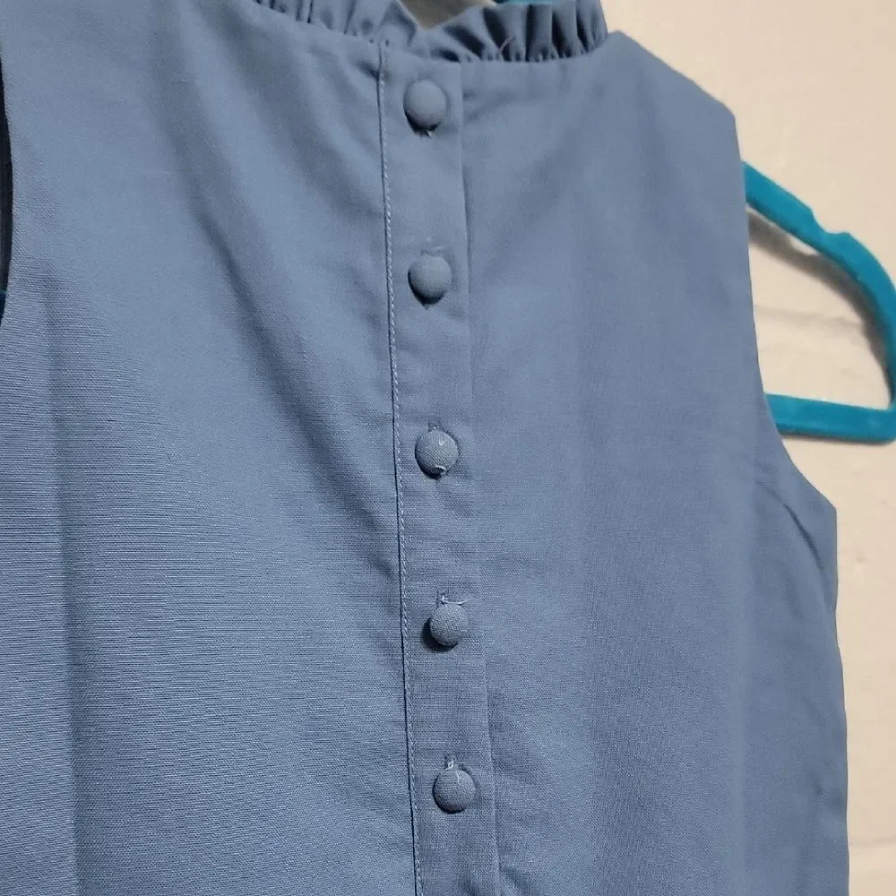 Blue Linen Blend Ruffle Neck Pocket Casual Girls Dress By Southern Smocked Co